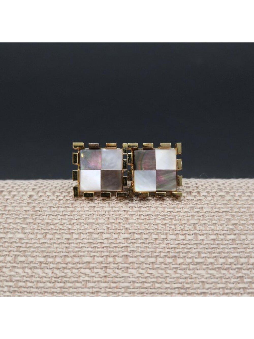 Vintage Gold Tone Mother of Pearl Checkerboard Square Cufflinks Mens Jewelry A80